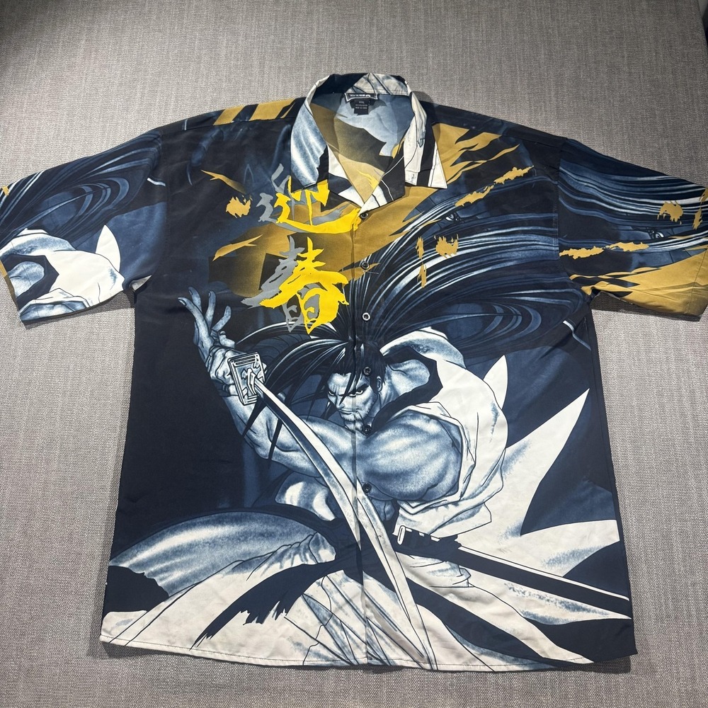 Vintage Dino Shirt Mens 3XL Anime Samurai Haohmaru Short Sleeve Button Manga Y2K